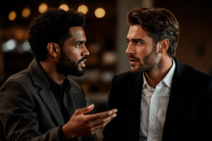 Two people having a discussion, one expressing an opinion confidently while the other remains unaffected and steadfast. 