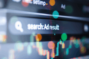 A dramatic spotlight on a website result at the top of a search engine page, with “Ad” clearly marked.