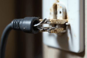 An electrical plug with a loose wire showing slight disconnection
