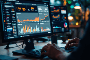 A marketer reviewing a campaign dashboard on a computer, tracking key metrics like impressions, clicks, and conversions. 