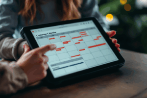 An influencer and brand representative reviewing a detailed content calendar and campaign brief on a tablet.