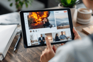 A brand manager browsing an influencer’s Instagram feed on a tablet, observing high-quality photos and videos posted regularly.