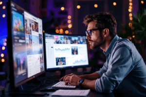 A marketing strategist reviewing upcoming Instagram features and analytics on multiple screens.