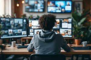 A social media manager at a lively workspace monitors multiple social platforms on large screens