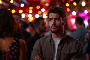 a person at a party or social gathering, visibly anxious and standing apart from the group