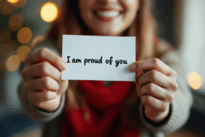 A cheerful person holding a note or message card with kind words, symbolizing a nice compliment received.