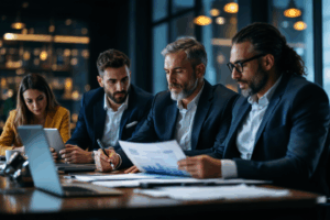 A team of business professionals in a conference room, reviewing a report together