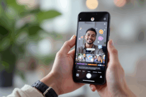 A content creator quickly snapping a photo and adding colorful stickers, text, and polls on their smartphone to share on Instagram Stories.