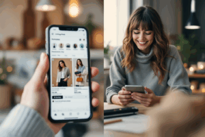 A sleek split-screen image showing a high-end fashion brand’s Instagram Shop with polished product photos and seamless shopping tags on one side, and a small business owner joyfully packing orders while checking Instagram Shopping analytics