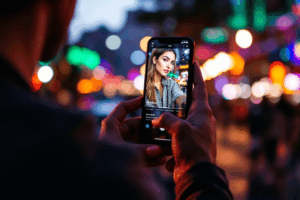 An influencer using augmented reality (AR) filters while creating an Instagram Story