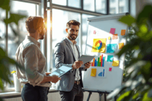 A digital marketing strategist at a whiteboard, outlining a flowchart