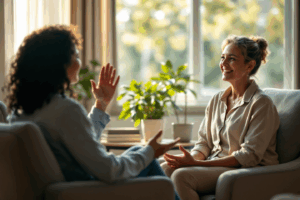 a person in a therapy session, with a therapist guiding them through mindfulness techniques in a peaceful