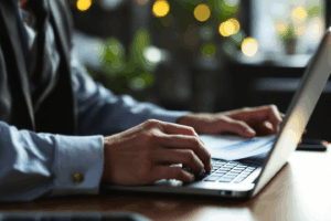 A business professional reviewing a business report on a laptop