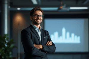 A business professional standing confidently in front of a projector screen