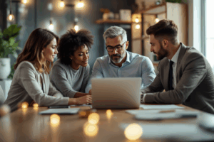 A group of colleagues sitting around a conference table, reviewing a business proposal on a laptop