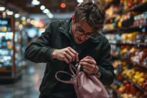 a person in a store, frantically searching for their lost keys in their bag