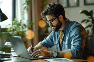 A writer at a desk, looking at a screen
