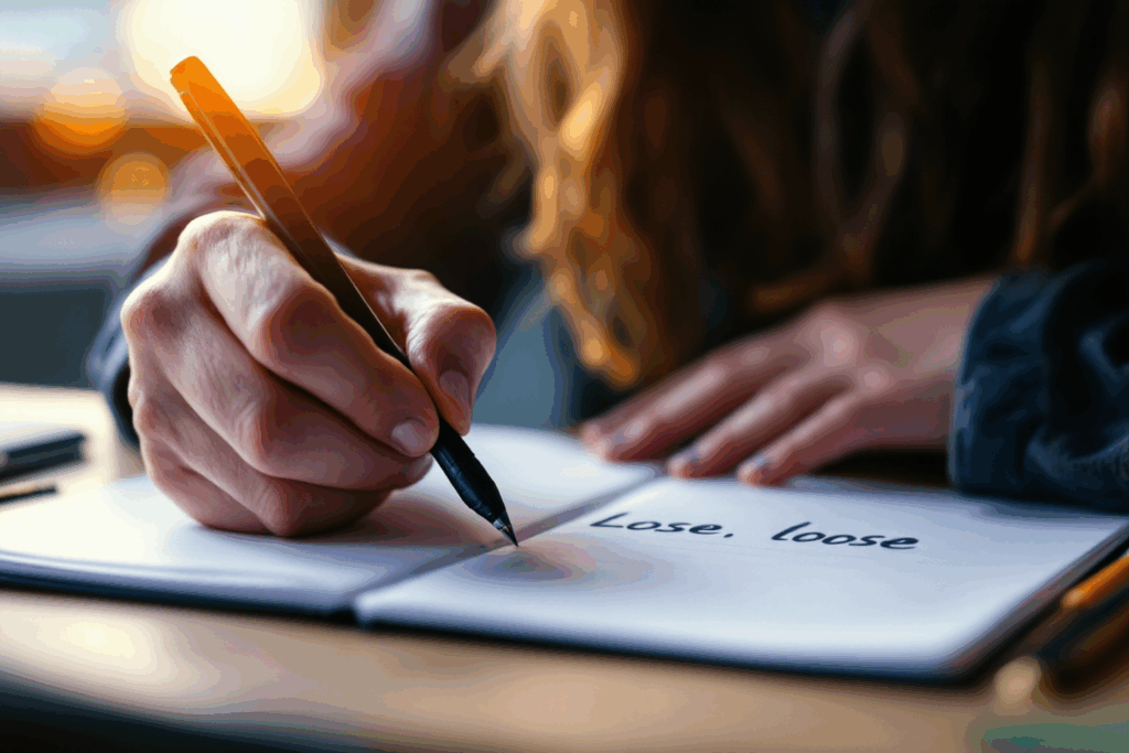 Show a student highlighting the difference between 'lose' (misplace) and 'loose' (not tight) in their English notebook.