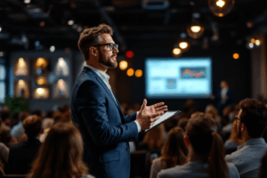 A business professional delivering a dynamic presentation to an engaged audience