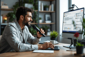 A marketing professional conducting a Facebook Live Q&A, addressing viewer questions displayed on the screen.