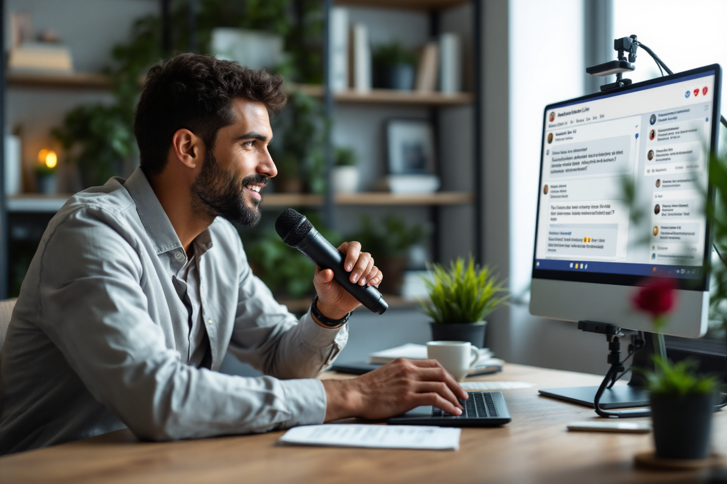 A marketing professional conducting a Facebook Live Q&A, addressing viewer questions displayed on the screen.