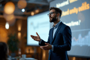 A business professional standing in front of a projector screen, delivering a presentation with simple, clear language