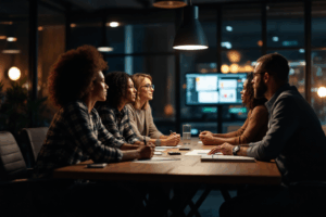 A small team of professionals sitting around a conference table, reviewing a business presentation