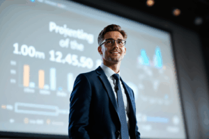A business professional standing in front of a presentation screen
