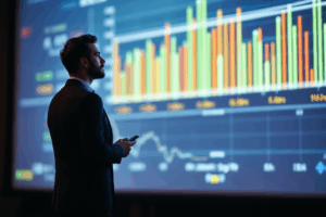A business professional standing in front of a large screen during a presentation