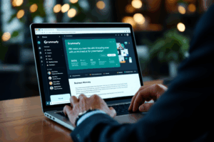A business professional using a laptop, with a screen displaying the Grammarly interface reviewing a business presentation