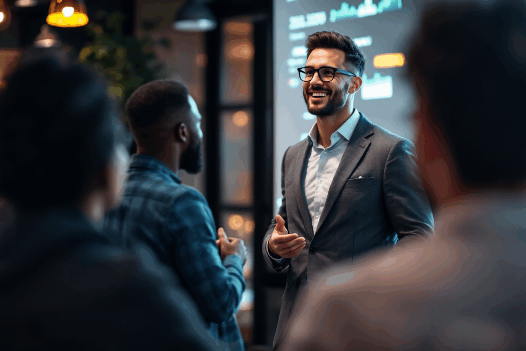 A professional business presenter standing in front of a projector screen, confidently delivering a presentation to a group of stakeholders