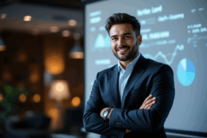 A business professional standing in front of a slide