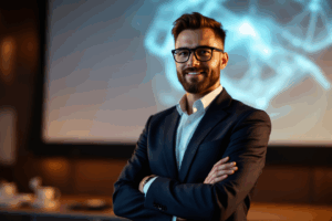 A business professional standing confidently in front of a projector screen