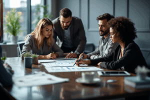 A group of colleagues gathered around a conference table, reviewing a business presentation draft.