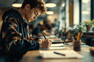 A visual of a student sitting at a desk working on homework