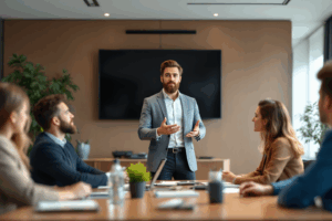 A business professional presenting to a group of colleagues in a modern conference room