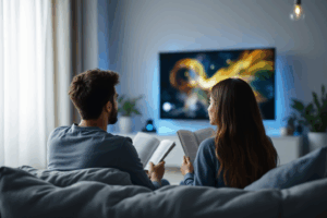 An image of a person choosing between two activities: reading and watching TV.