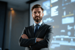 A business professional standing confidently in front of a projector screen