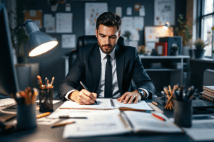 A business professional sitting at a desk, surrounded by a variety of writing and proofreading tools
