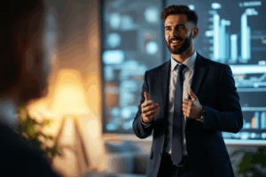 A business professional presenting a slide
