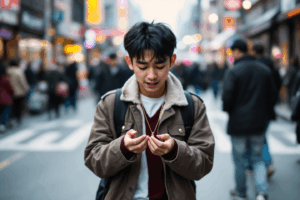 a student struggling to find their lost necklace on a crowded street