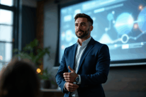 A business presenter standing confidently in front of a projector screen