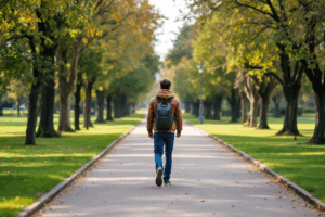 a person going for a walk in a park