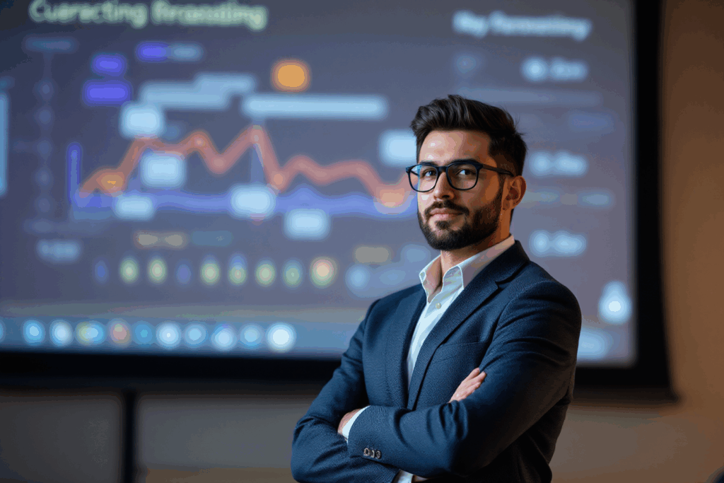 A business professional standing confidently in front of a projector screen during a presentation