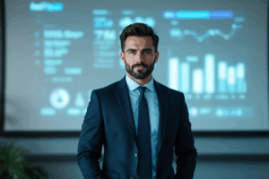 A business professional standing in front of a slide