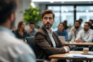 A business professional sitting in a workshop, attentively listening to an expert speaking