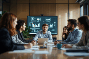 A group of professionals gathered in a conference room, reviewing a business presentation