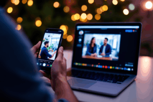 A content creator using both a smartphone and a laptop to broadcast a Facebook Live