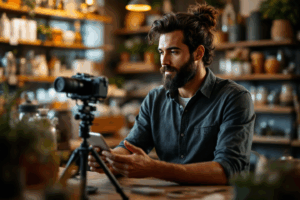 A small business owner hosting a live Facebook video from their store, demonstrating a new product and interacting with viewers in real-time.