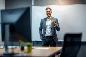 A business professional in a modern office, standing in front of a whiteboard